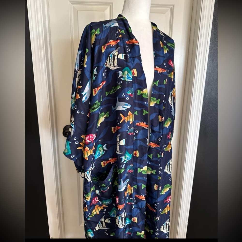 Vintage Whitby 100% SILK Fish Print Robe Kimono Swimsuit Coverup One Size - Picture 2 of 12